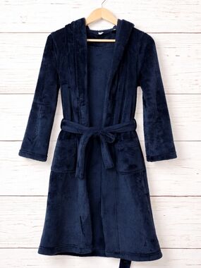 Lands’ End Kids Size 10 Navy Plush Hooded Robe Belted Soft Cozy